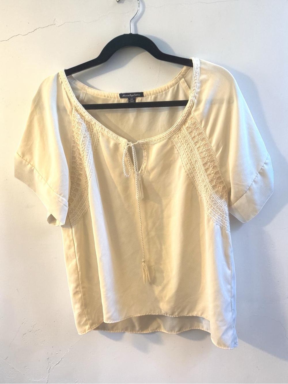 American Eagle Outfitters Cream Tie-Front Boho Panel Blouse